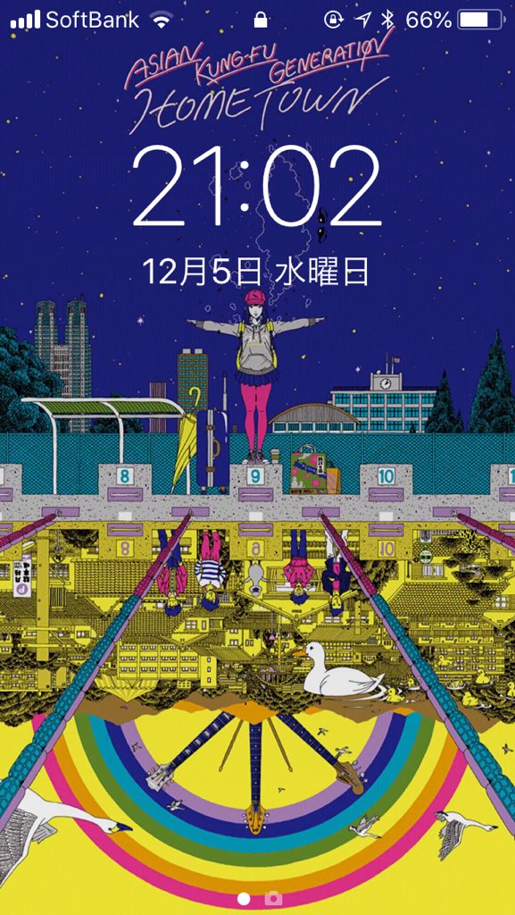 くろぶち 配布されてるスマホ壁紙をロック画面に使うと時計が見辛かったのでホームタウン聴きつつ加工してみたー 星空ロゴver と世界反射ver 3枚目が通常壁紙 スマホ開くたびにテンション上がる アジカン ホームタウン