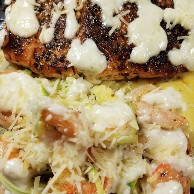 Spicy blackened Salmon with garlic butter shrimp zoodle pasta. A parmesan butter dressing. #ketowin #Ketodinner #ketomylife. #ketoaf #ketofuel #ketofasting #ketolove #ketolifestyle #ketodebtfree #ketomeal #ketomealsin30minutes #ketolove #ketoblast #ketorecipes #ketogenic #