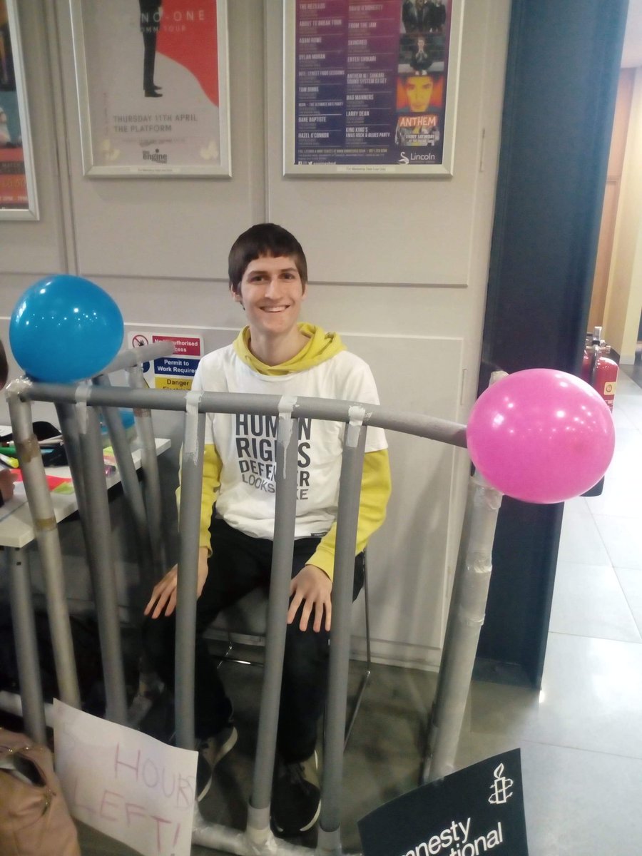Our co-leader Joey is sitting in a prison today to raise awareness for those who have been unfairly imprisoned for championing human rights. Come down to Minerva today to find out more.