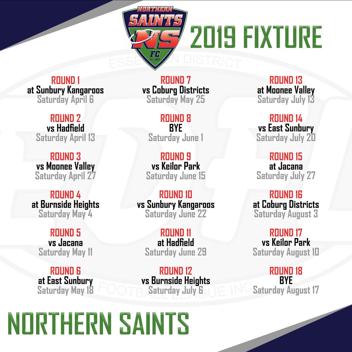 2019 Full fixture now available...get it now. 

Bring on round 1!

GO SAINTS

#nsfc #northernsaints #gosaints

Full article:
essendondfl.com.au/season-2019-ed…