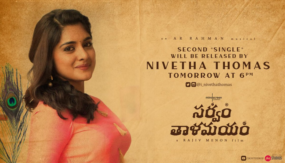 mindscreencine's tweet photo. And the wait is over..😊

It's our charming and talented "Nivetha Thomas" who will release our Second Single from #SarvamThaalaMayam tomorrow by 6PM..
@i_nivethathomas
Can't wait to hear it 😍

#SarvamThaalaMayamTelugu
#SarvamThaalaMayamSecondSingle https://t.co/eim6dUGoLi