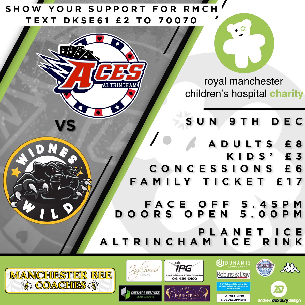 Altrincham Aces (@altyaces) on Twitter photo Old rivalries are renewed this weekend, as the Aces take on the <a href="/WidnesWild/">YKK Widnes Wild</a> at <a href="/Altrincham_Rink/">Altrincham Ice Rink</a>.
We will also be raising money for <a href="/RMCHcharity/">Manchester Foundation Trust Charity Inactive</a>. You can text DKSE61 £2 to 70070, or donate through the <a href="/JustGiving/">JustGiving</a> page justgiving.com/RMCH-Aces
#aces #altrincham #rmch #charity Old rivalries are renewed this weekend, as the Aces take on the <a href="/WidnesWild/">YKK Widnes Wild</a> at <a href="/Altrincham_Rink/">Altrincham Ice Rink</a>.
We will also be raising money for <a href="/RMCHcharity/">Manchester Foundation Trust Charity Inactive</a>. You can text DKSE61 £2 to 70070, or donate through the <a href="/JustGiving/">JustGiving</a> page justgiving.com/RMCH-Aces
#aces #altrincham #rmch #charity