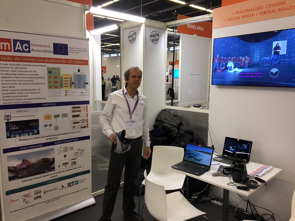 francescmas's tweet photo. Are you attending #ICT2018 ? You have to take a look at what #ImAcProject is doing for the #accessibility in #Immersive #360 #VR audiovisual contents with #CCMA_cat #i2cat #Anglatecnic #RBB_inno https://t.co/YtXL1PgQz7