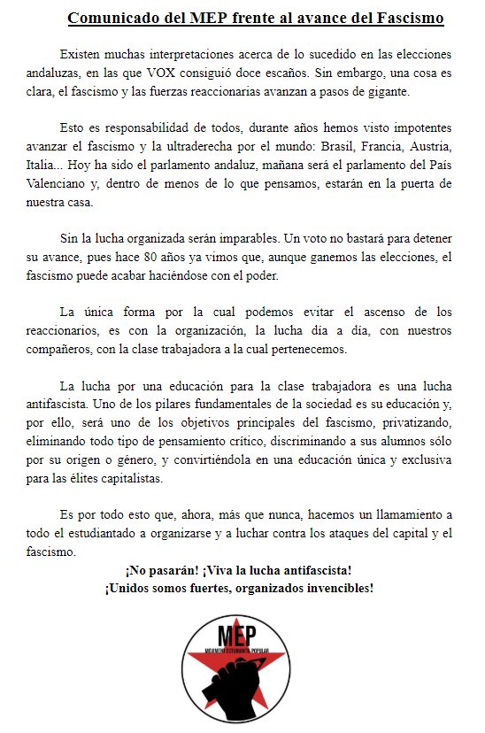 MovEstPopular's tweet photo. COMUNICAT front l'avanç del Feixisme i les forces reaccionàries. Només organitzats podrem frenar al feixisme! https://t.co/IfiyRzeZ9K