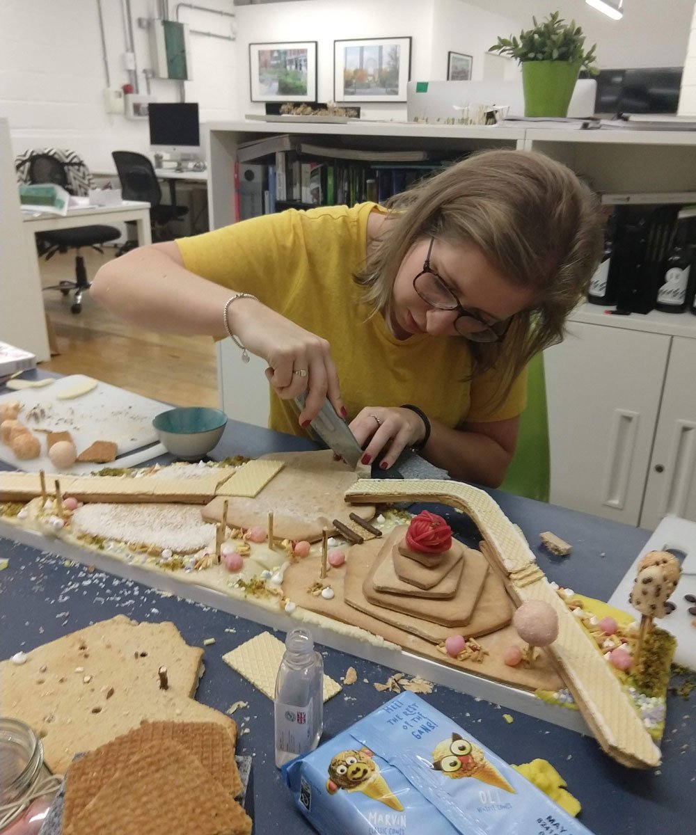 PlanitIE's tweet photo. Some precision cutting in the studio, perfecting #thecityspongewithacherryontop for #gingerbreadcity2018 https://t.co/UW5SNXPsbs