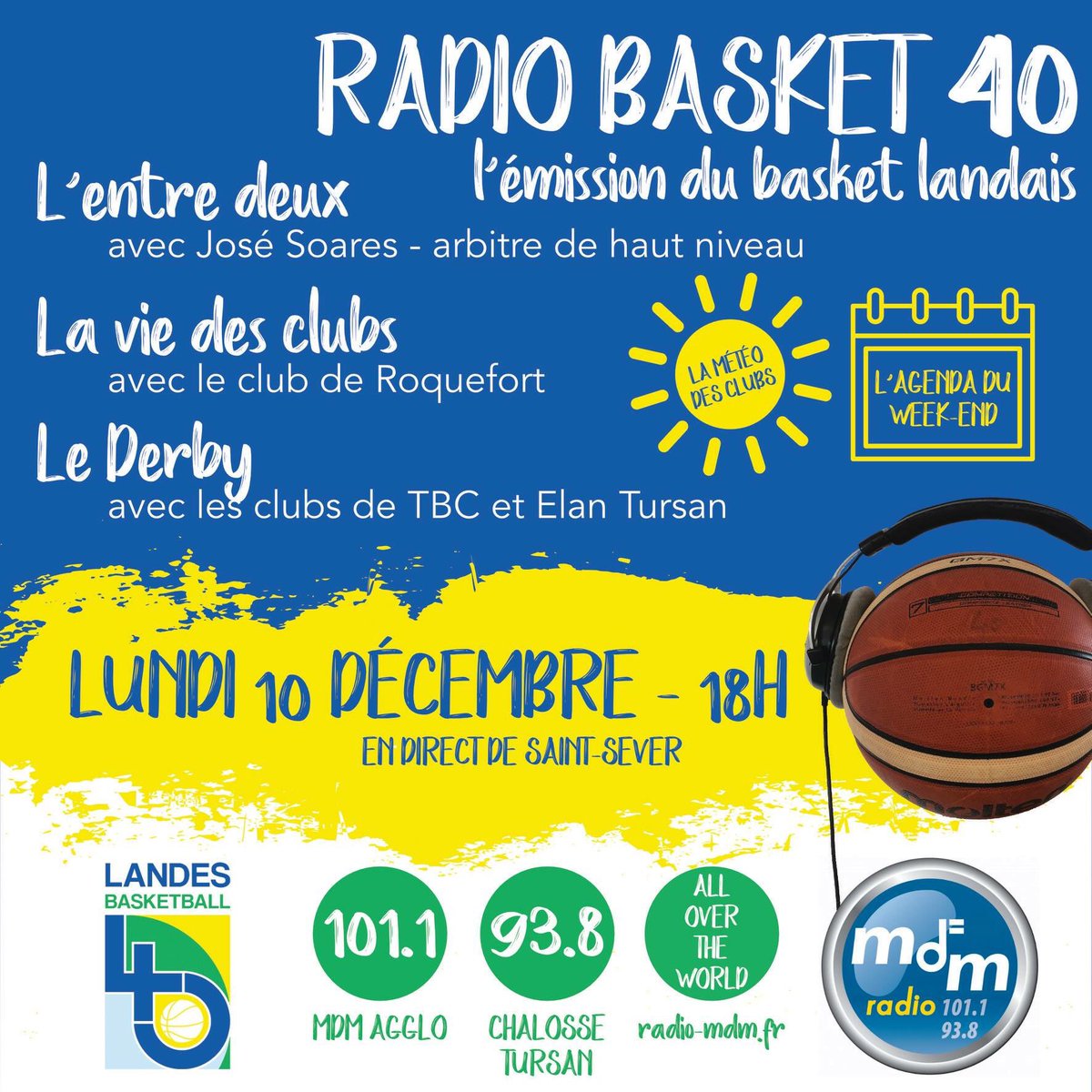 🏀 🎤 RADIO BASKET 40 📻🎧

🚨 Ça y est ! Lundi aura lieu la première émission radio entièrement dédiée au basket landais en direct sur les ondes de Radio MdM 🆒

#BASKET40