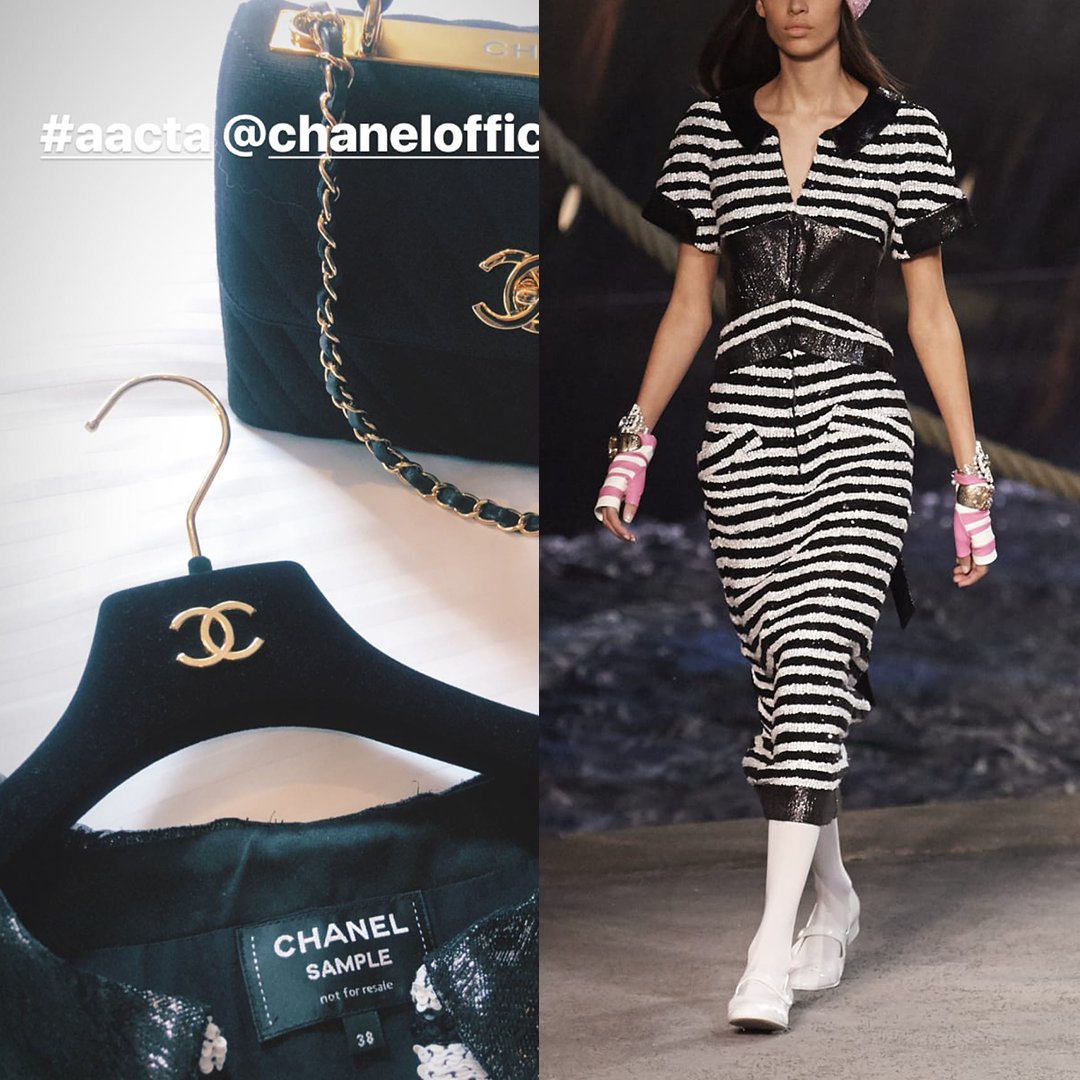 Dress Like Phoebe Tonkin on X: 5 December [2018]  On Phoebe Tonkin IG  stories wearing #chanel Glittered Wool Crepe Dress in Black and White from the  2019 Cruise Collection – look