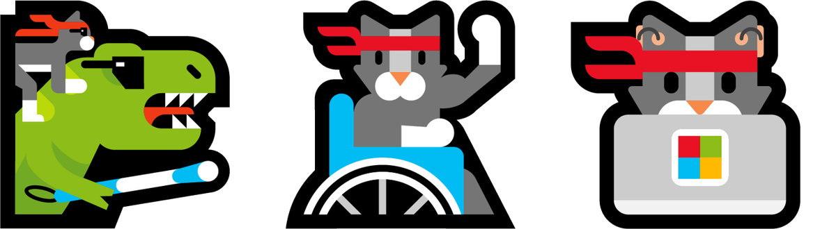 Three cartoons of Ninja Cat: riding a dinosaur wearing glasses and using a cane; sitting in a wheelchair with arm raised; behind a Microsoft Surface wearing hearing aids.