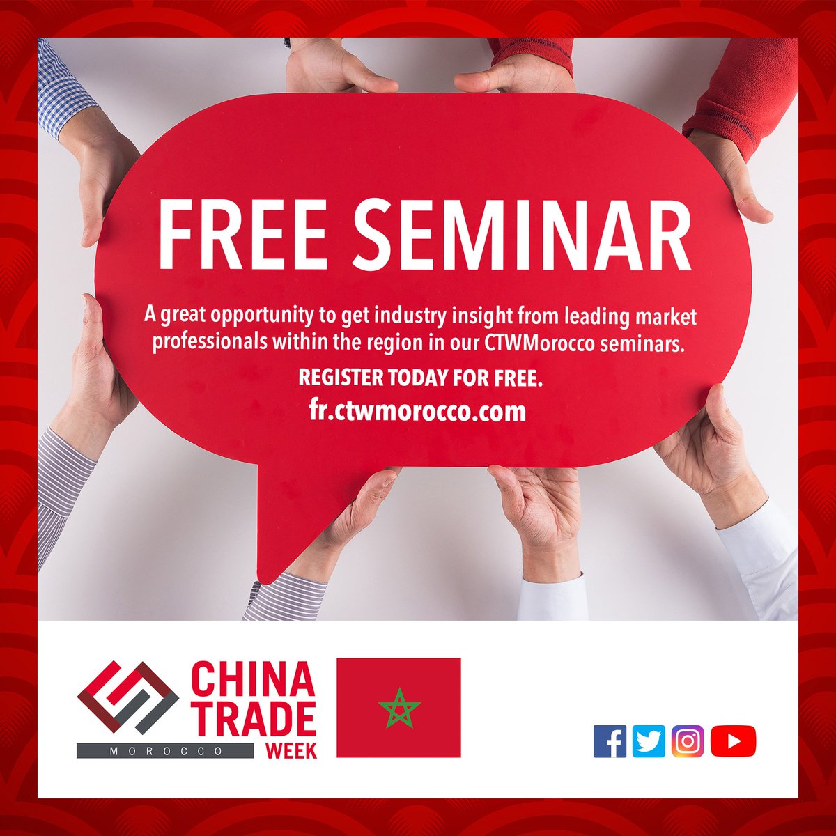 chinatradeweek's tweet photo. A great opportunity to get industry insight from Leading Market Professionals within the region in our #CTWMorocco seminars. Register today to grow your #business knowledge. Join us from 6-8th December 2018 at Foire Internationale de Casablanca (AMDIE) #ChinaTradeWeek #CTW18. https://t.co/4hsRWKUlAK