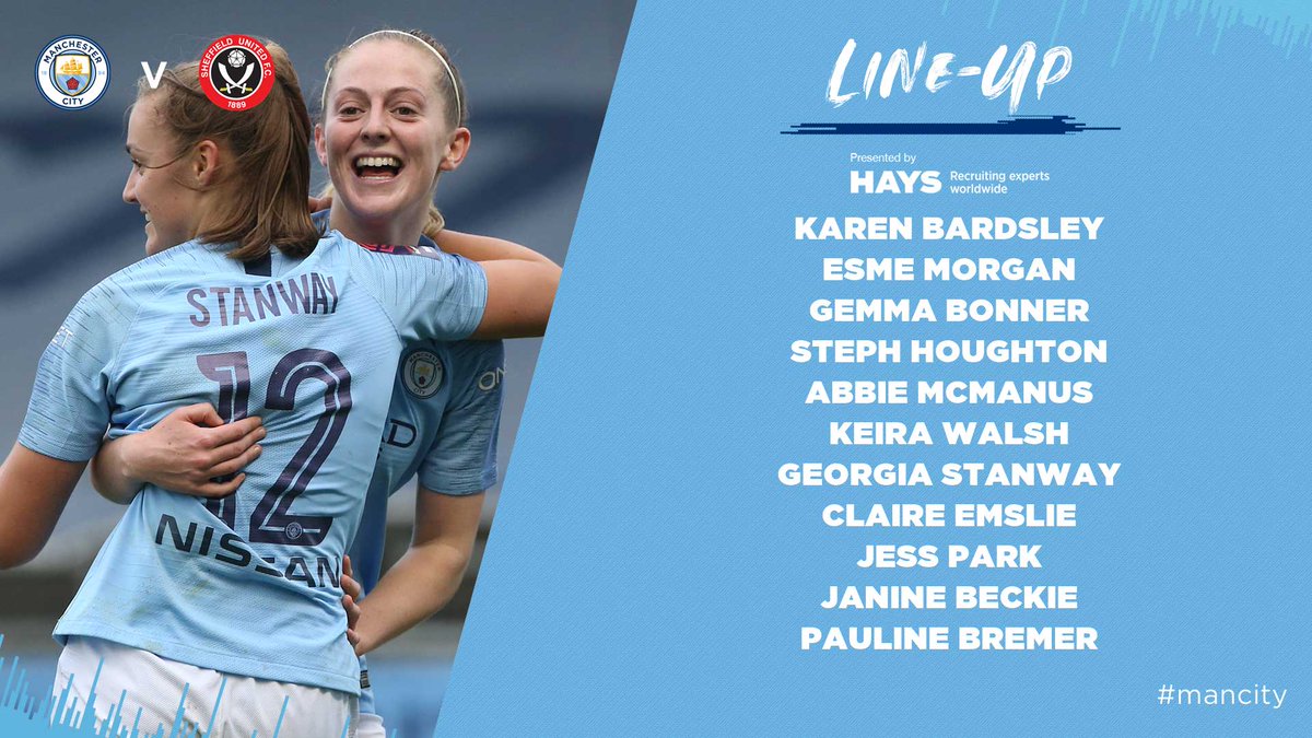 ManCityWomen's tweet photo. Here’s how we line-up tonight in the #ContiCup! 🙌
City XI | Bardsley, Morgan, Bonner, Houghton (C), McManus, Walsh, Stanway, Emslie, Park, Beckie, Bremer
Subs | Roebuck, Jans, Beattie, Nadim, Hemp, Parris, Wullaert
Presented by @HAYSWorldwide 🔵 #mancity https://t.co/Eqi20k4Qdo
