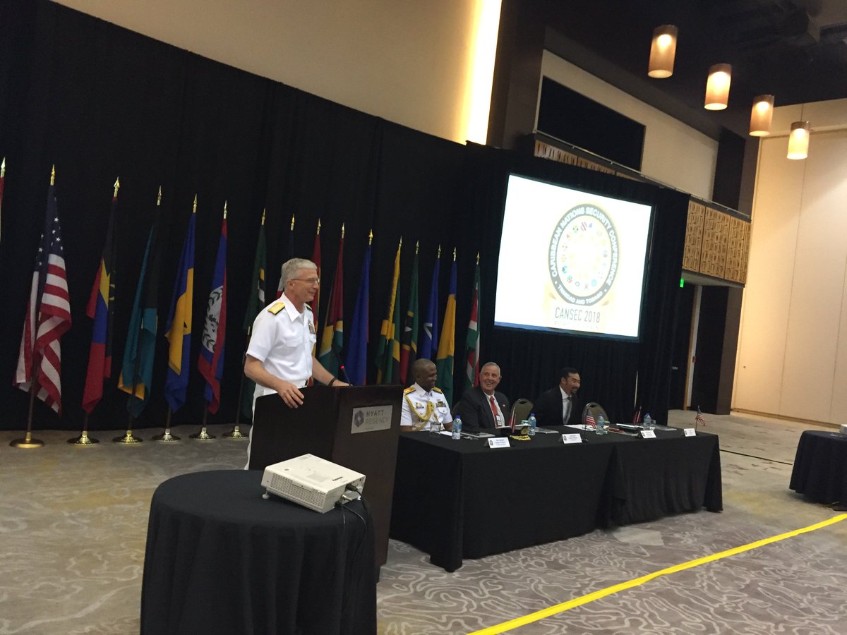 Southcom's tweet photo. Adm. Faller on #Caribbean security during #CANSEC18 opening remarks: “As we share our perspectives, I hope we can also share ideas for new opportunities to grow our team & build trust between our nations." @USinTT @TTDefenceForce @USEmbassyBarbados https://t.co/MvLKCNUVvj