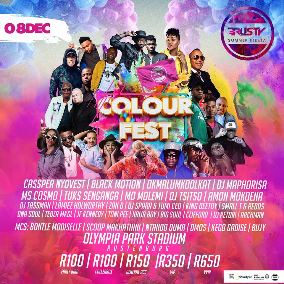 Ticketpro (@ticketprosa) on Twitter photo You don't want to miss out on the awesome lineup at the <a href="/rusty_fiesta/">#Rustysummerfiesta2019</a>. @CassperNyovest, @black_motion, @MsCosmoDJ and more! Get your tickets now: qoo.ly/tuga2 #RSF2018 #ColourFest You don't want to miss out on the awesome lineup at the <a href="/rusty_fiesta/">#Rustysummerfiesta2019</a>. @CassperNyovest, @black_motion, @MsCosmoDJ and more! Get your tickets now: qoo.ly/tuga2 #RSF2018 #ColourFest