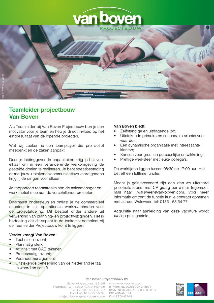 Ben jij onze nieuwe collega? #Vacature #Teamleider #projectbouw <a href="/VanBovenBV/">Van Boven</a>. Ben jij een teamplayer, denk je pro actief mee, houd je van aanpakken? Ben je geïnteresseerd, lees dan verder op van-boven.com/vacature-teaml… … Delen? Heel erg graag!
