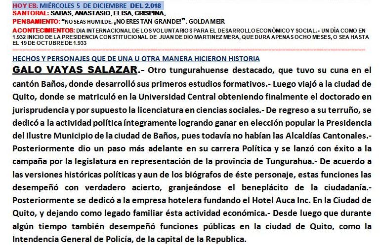 HISTORIA》
Hechos y personajes que hicieron historia 05/12/2018 GALO VAYAS SALAZAR
Autor: <a href="/CarlosPangol2/">Carlos Pangol</a> Periodista investigativo de #RadioCentro 

Escúchalo de lunes a viernes en el Boletín Nuevo Día (05h00-08h00) por radiocentroambato.com 91.7FM
#Ambato
#EstamosEnLaCumbre