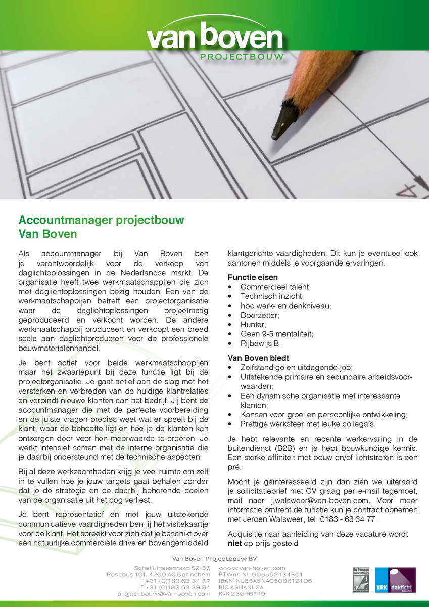 Ben jij onze collega? #vacature #accountmanager #projectbouw <a href="/VanBovenBV/">Van Boven</a> 
Als accountmanager bij Van Boven ben je verantwoordelijk voor de verkoop van daglichtoplossingen in de Nederlandse markt. Geïnteresseerd? Lees dan verder op van-boven.com/vacature-accou… …
Delen?Heel erg graag!