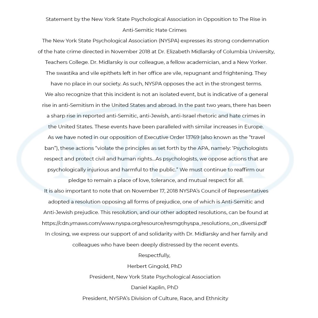 Statement by the New York State Psychological Association in Opposition to The Rise in Anti-Semitic Hate Crimes