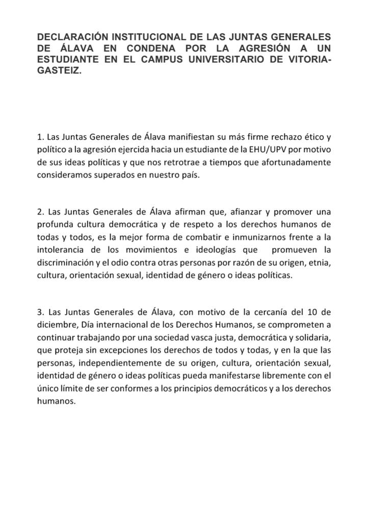 ✍Ésta es la propuesta de declaración institucional que hemos presentado en las Juntas Generales de Araba en rechazo a la agresión sufrida por un estudiante en la UPV.