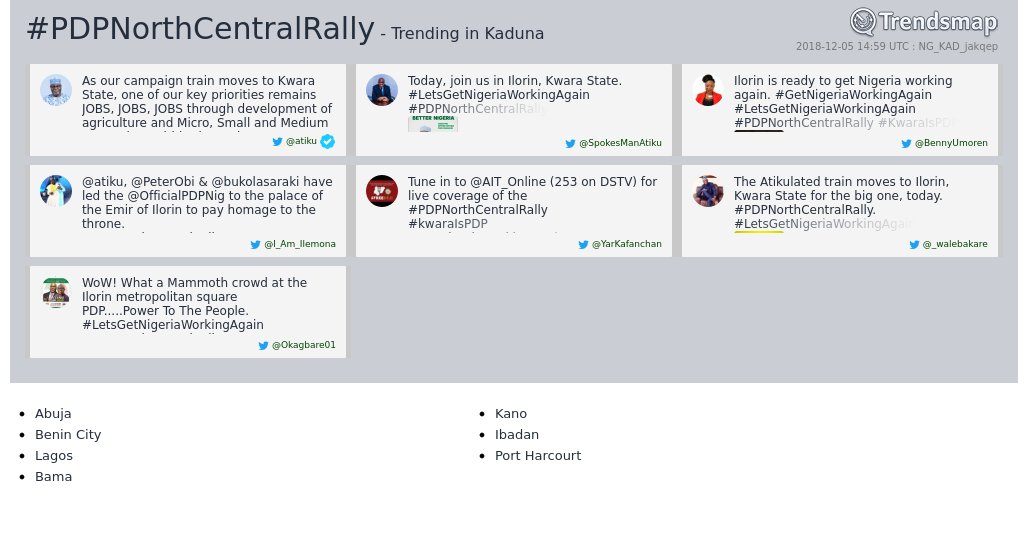 TrendsKaduna's tweet photo. #pdpnorthcentralrally is now trending in #Kaduna

https://t.co/yEKXUCsZDa https://t.co/JV20m82cCQ
