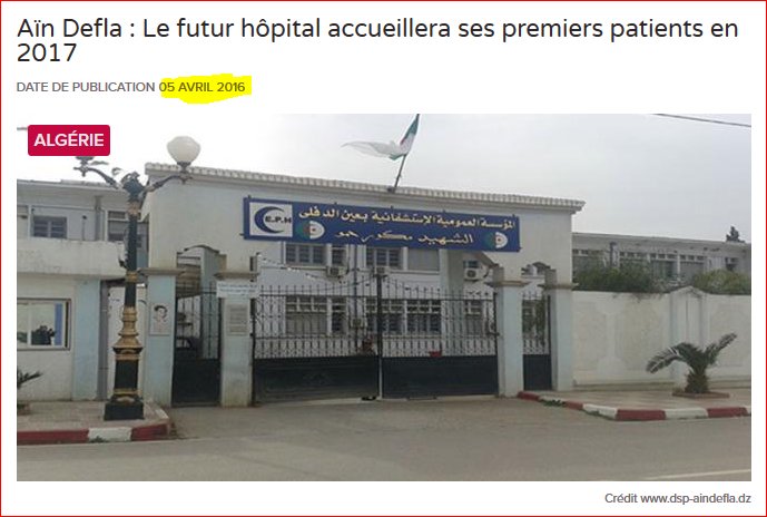 ONAPNT's tweet photo. Promis pour Décembre 2015
mais annoncé pour début 2017,
Ensuite pour Mars 2018
et après pour Décembre 2018 !
Le nouvel hôpital d’Aïn Defla de 300 lits toujours non livré !
#SousObservationONAPNT
https://t.co/xmI5t9cnBj https://t.co/hQUDo1pBRz