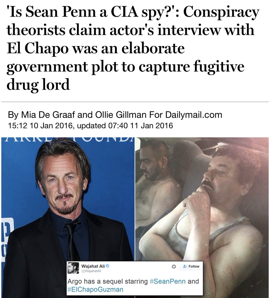 Sean Penn, Cemal Kaşıkçı belgeseli çekecekmiş, araştırma için Türkiye’ye gelmiş, Suud Konsolosluğu’na da girecekmiş.
Holywood’un çoğu ‘CIA ve Derin ABD’ ile işbirliği içindedir.
Sean Penn-El Chapo-CIA olayını hatırlatıp yine yazın derim: ‘Bu ziyaretten sonra olacaklara dikkat...’