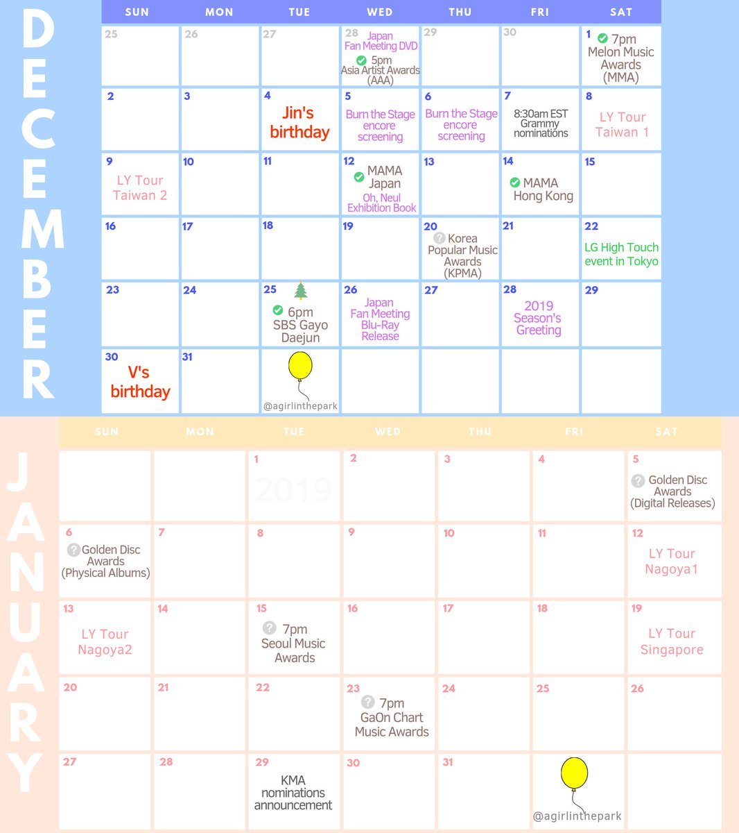 ARMYVN_twt's tweet photo. [#INFO] Lịch trình của @BTS_twt từ tháng 12/2018 đến tháng 1/2019 :
(Lịch trình có thể bị thay đổi. Nếu có sẽ được cập nhật thêm)

©agirlinthepark
#BTS #MAMAVOTE
🍀[#L]
🌸[#P] https://t.co/aLRGYYiNS5
