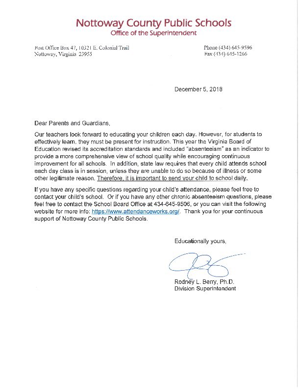 Attention parents, the Virginia Board of Education revised its accreditation standards to include absenteeism. Please read the attached letter. Thanks.