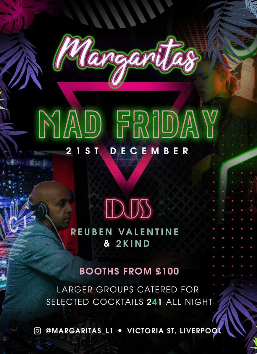 adamramsey1's tweet photo. BRINGING THAT MIAMI VIBE
@margaritas_l1
MAD FRIDAY
DJS @dj2kind & @reubenvalentine
BOOTH BOOKINGS AVAILABLE BY DM
#margaritas #oldkool #disco #house #90s #miami #cocktails #tequila https://t.co/xq5exIvF2m