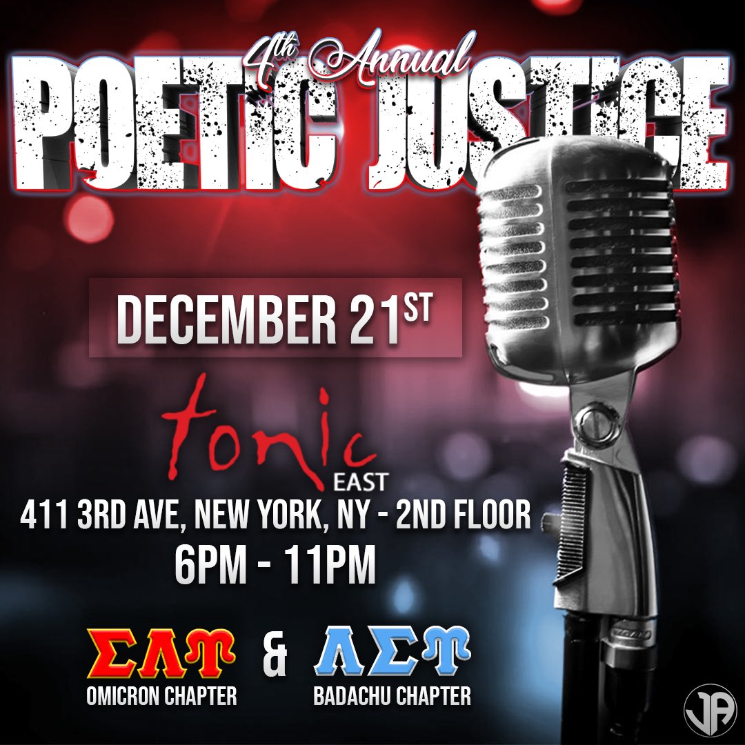 NYC_Upsilons's tweet photo. Poetic Justice is BACK and BETTER! With a bigger venue❗️, amazing performances 🎤, Happy Hour 🍹and a photo booth 📸 Come out to Tonic East- 2nd Floor on Friday, December 21st 6P-11P.
Purchase your tickets here:
https://t.co/XdDMqihJAN https://t.co/6E6ZLvaBOd