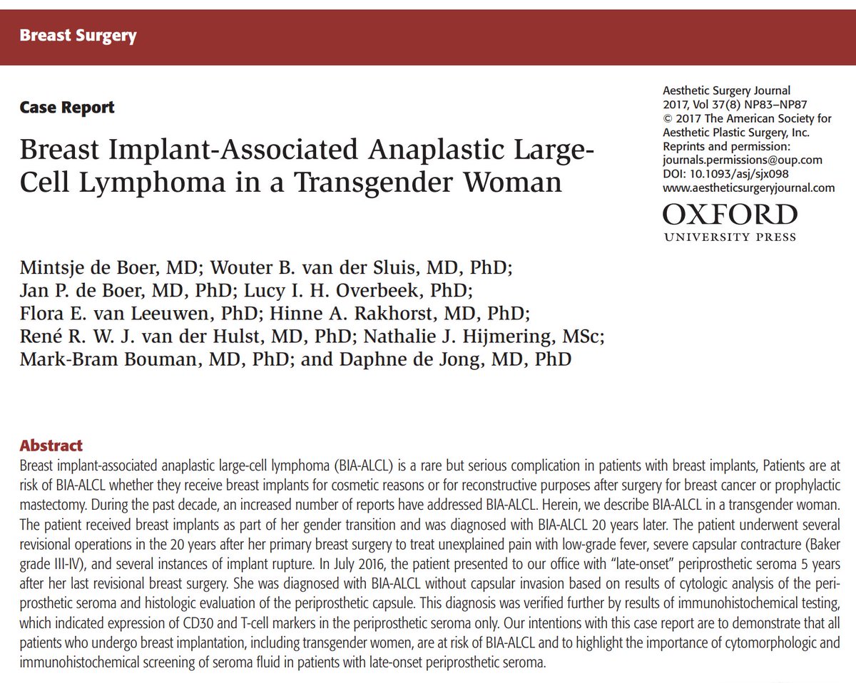 In this case report from the Netherlands, the authors describe a transgender woman who received breast implants as part of her gender transition and was diagnosed with BIA-ALCL 20 years later: academic.oup.com/asj/article/37… #plasticsurgery #patientsafety #transgender #ALCL