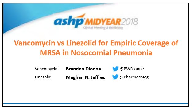 Live tweeting from the Great ID Debates session at #ASHP18! Up first, <a href="/BWDionne/">Brandon Dionne</a> takes the #vancomycin side for empiric coverage of #MRSA in nosocomial pneumonia. Audience poll to kick us off strongly favors starting #vancomycin as well