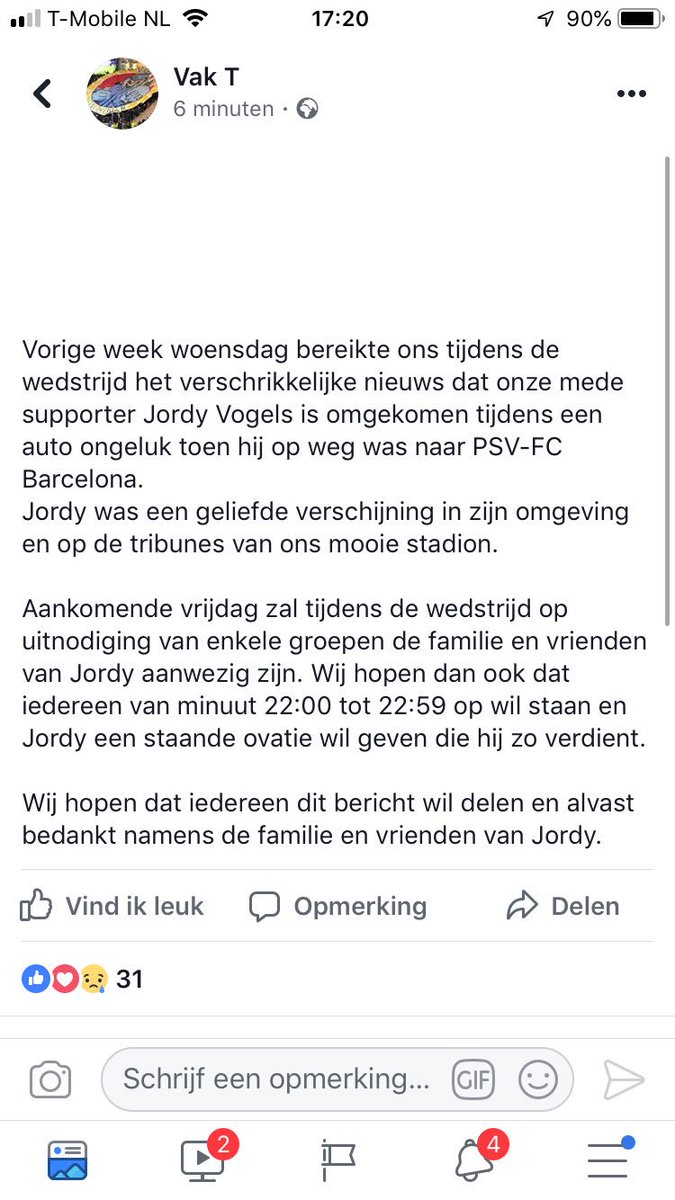 Een oproep van de #PSV-fans. Klap vrijdag in de 23ste minuut voor de overleden PSV-fan Jordy, wiens familie en vrienden bij de wedstrijd tegen Excelsior aanwezig zijn. Jordy kwam om bij een auto-ongeluk en was onderweg naar PSV-Barcelona.