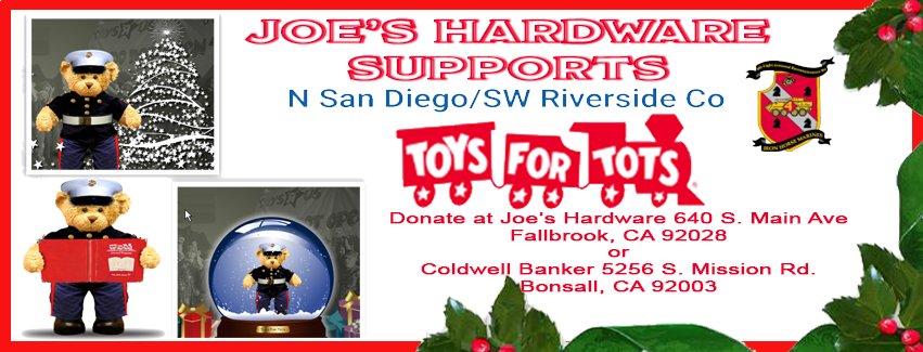 fallbrookace's tweet image. Joe's is a drop off point for Toys for Tots. If you can make a donation please drop by the store and leave in the box by the entrance to the store. Help make this a great holiday for the kids less fortunate.