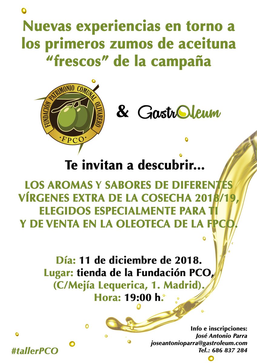 #OleumLaguna,#coupage #ecológico de #Madrid, estará con nosotros el próximo 1⃣1⃣ de diciembre en el #tallerPCO que impartiremos en @tiendafpco. ¡Enhorabuena por el premio otorgado por el @GrupoGourmets! ¿Te lo vas a perder?
#GastrOleum #aove #FelizMiércoles #Arbequina #Cornicabra