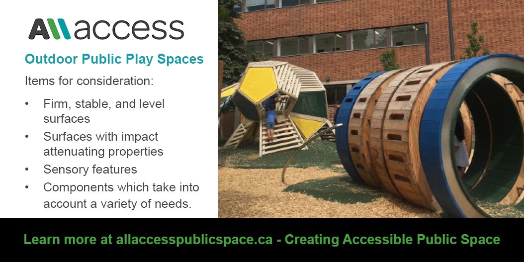 AllAccessON's tweet image. How do you create outdoor public play spaces that are compliant with #Ontario's #Design of Public Spaces Standards? AllAccess is publishing a Toolkit to help create #accessible public spaces - subscribe for notice of release allaccesspublicspace.ca/subscribe  #AODA