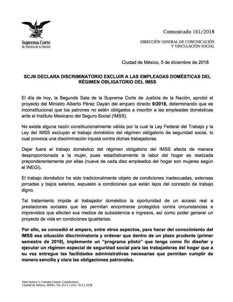 SCJN's tweet photo. La @SCJN declara discriminatorio excluir a las empleadas domésticas del régimen obligatorio del IMSS: https://t.co/oMhFLVF6R0 https://t.co/aP27nJBd5t