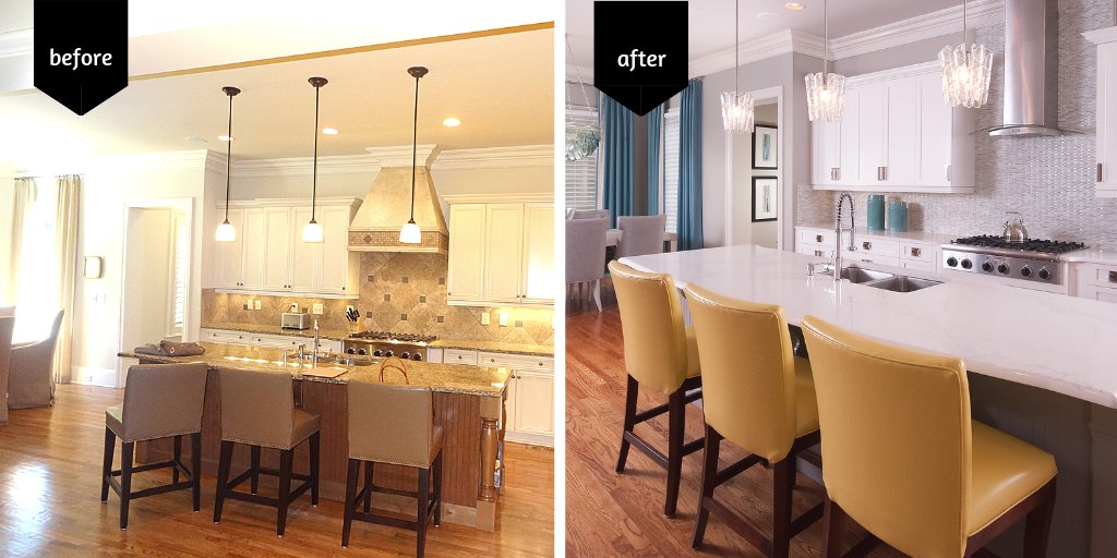Room of the Week: These homeowners wanted a bright, sleek kitchen. Our decorator selected a color palette of gray, blue and white. New shaker white cabinet doors were installed with modern hardware. A sleek glass tile was chosen a...bit.ly/2Gbx3zk