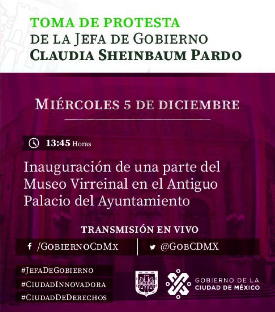 #Infórmate ⚠️ | La #JefaDeGobierno, @Claudiashein, realizará la inauguración de una parte del Museo Virreinal del Antiguo Palacio del Ayuntamiento. Sigue la transmisión en vivo de esta actividad a través de las cuentas: 📲 Vía Twitter en @GobCDMX 📲 Vía Facebook en GobiernoCDMX