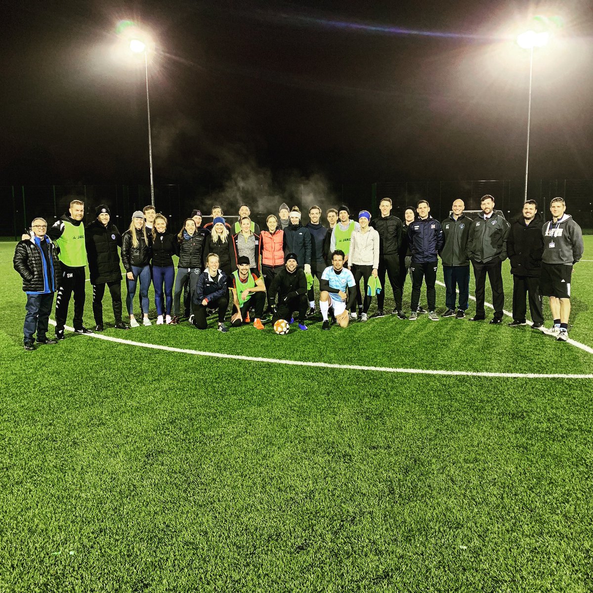 MarkCavendish's tweet photo. Fun bit of team building with @BritishCycling today. Would say playing football, but was more like chasing it round. Thanks to @HarrogateTown for having us. 🙏 https://t.co/rzeyFmN8hd