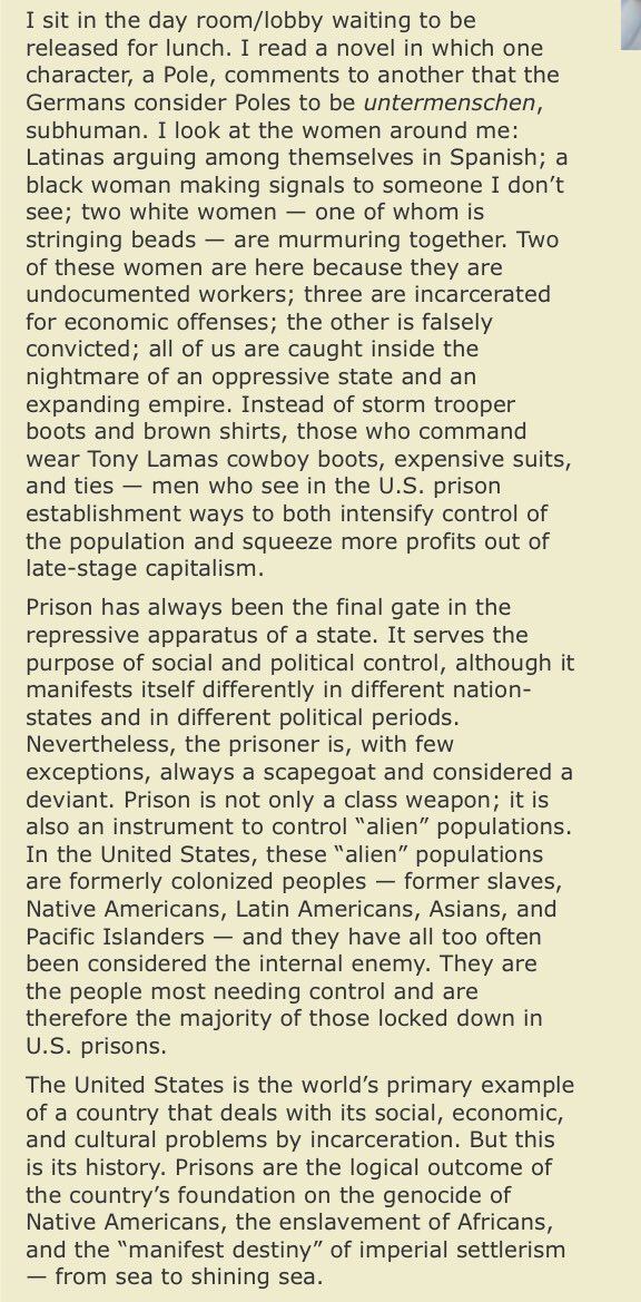 “Prisons are the logical outcome of the country’s foundation on the genocide of Native Americans, the enslavement of Africans, & the “manifest destiny” of imperial settlerism — from sea to shining sea.” - Marilyn Buck (1947-2010), anti-imperialist freedom fighter, poet, BLA