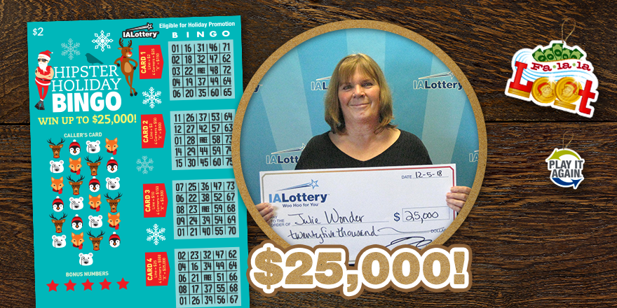ialottery's tweet photo. Julie Wonder of #IdaGrove is having a pretty great day. She just landed a $25,000 top prize playing Hipster Holiday Bingo! She bought her winning ticket at Ida Liquor, 500 W. State Highway 175 in Ida Grove. #WooHooForYou https://t.co/d1AcVmo2f0