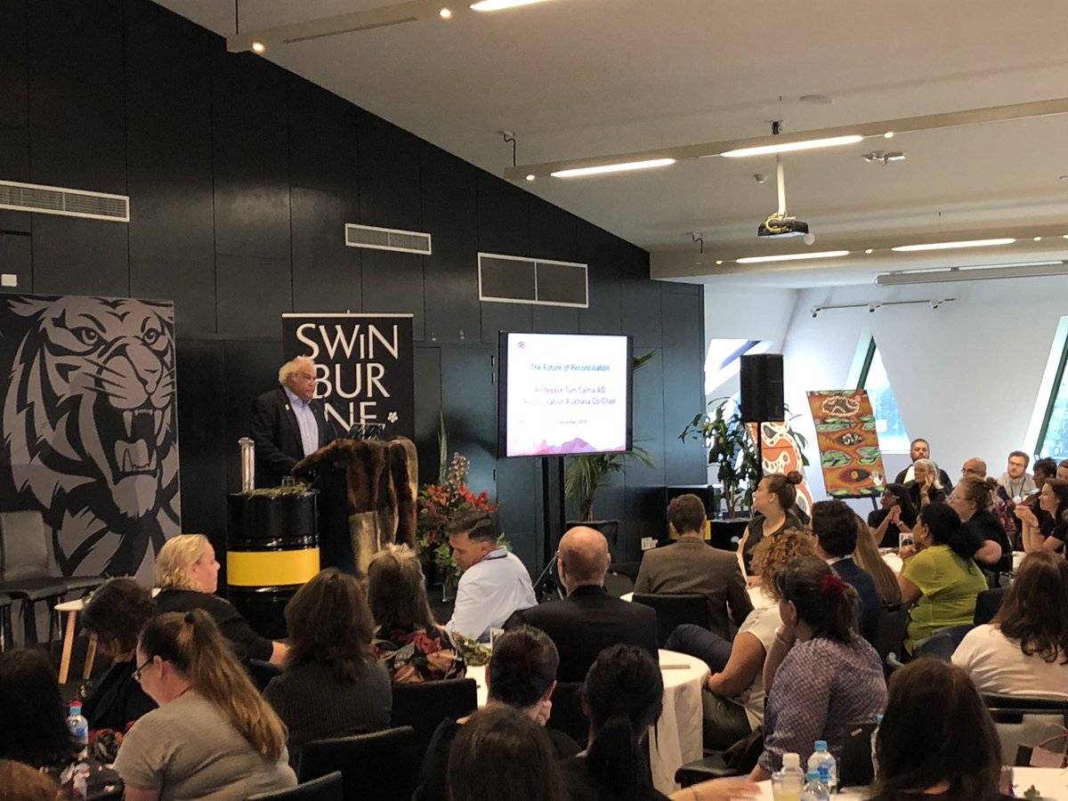 Swinburne's tweet photo. Honoured to hear Professor Tom Calma, Aboriginal Elder from the Kungarakan and Iwaidja tribal groups, share his wisdom on the future of #reconciliation. #RAPConference18 @RecAustralia @Richmond_FC @KorinGamadji https://t.co/ZoLoXAhmJc