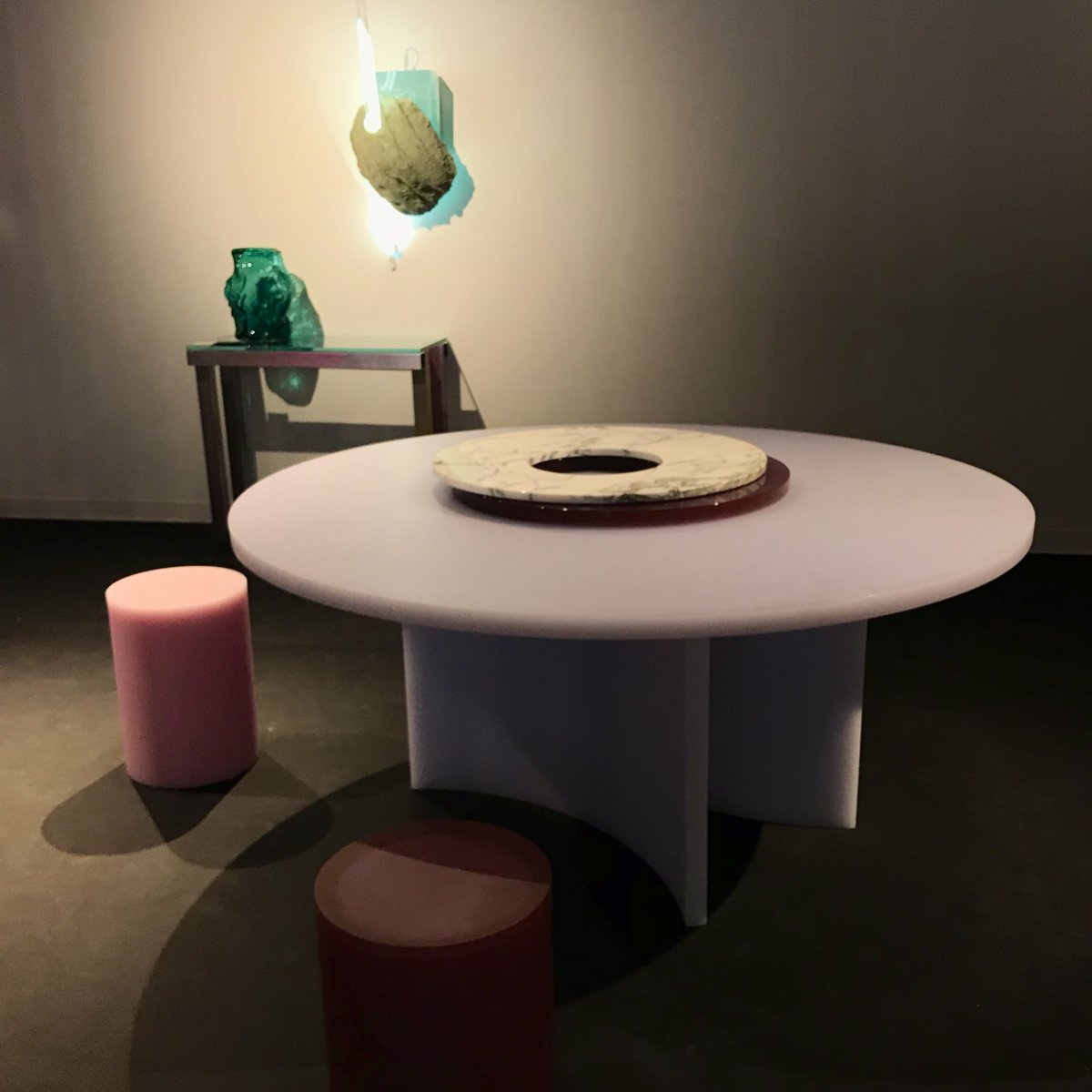 architectmag's tweet photo. Absurd sublimity at #DesignMiami: works from FOS and Sabine Marcelis, including the latter’s SOAP series of resin-based tables and stools, at the booth of Copenhagen’s #EtageProjects. —IV https://t.co/AoZwYOaNfV