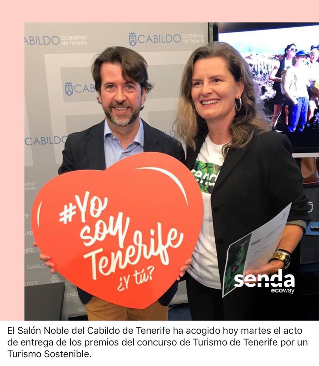 Hoy hemos recogido el premio del Cabildo I. de Tenerife que reconoce nuestra labor de creación de experiencias turísticas sostenibles. Lola R Azero, Co-founder y CEO de #Senda ha estado presente en el acto. Mil Gracias! <a href="/CabildoTenerife/">Cabildo de Tenerife</a> #SendaEcoway #YosoyTenerife