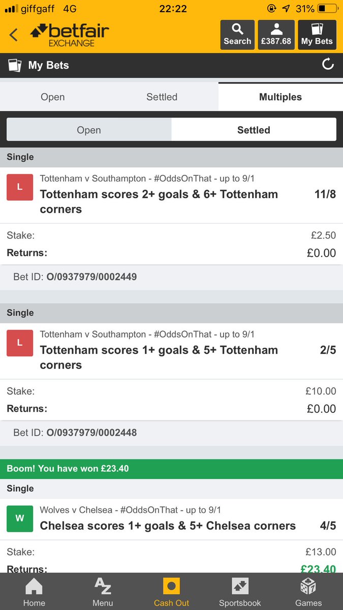 billhackshall's tweet photo. @Betfair why are my two #oddsonthat bets on Tottenham showing as a losing bet (and my account not credited) they scored 3 goals and got 8 corners https://t.co/AzhrlF8Vul