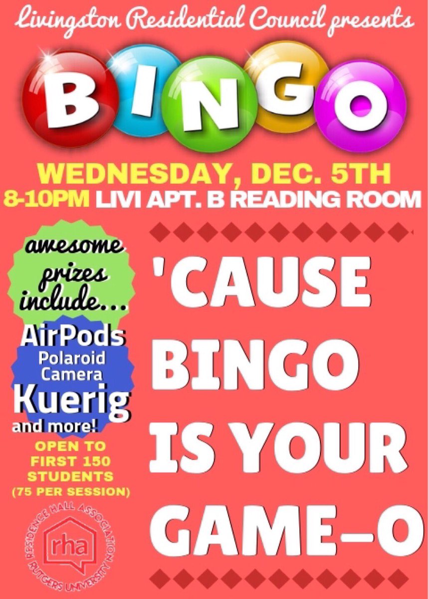 RutgersRHA's tweet photo. Feeling lucky tonight?! 🤑Join the Residence Hall Association’s Livingston Residential council at their Bingo event for a chance to win some awesome prizes! 

There will also be free pizza and cookie rush 😏 https://t.co/XzpAu3jI6J