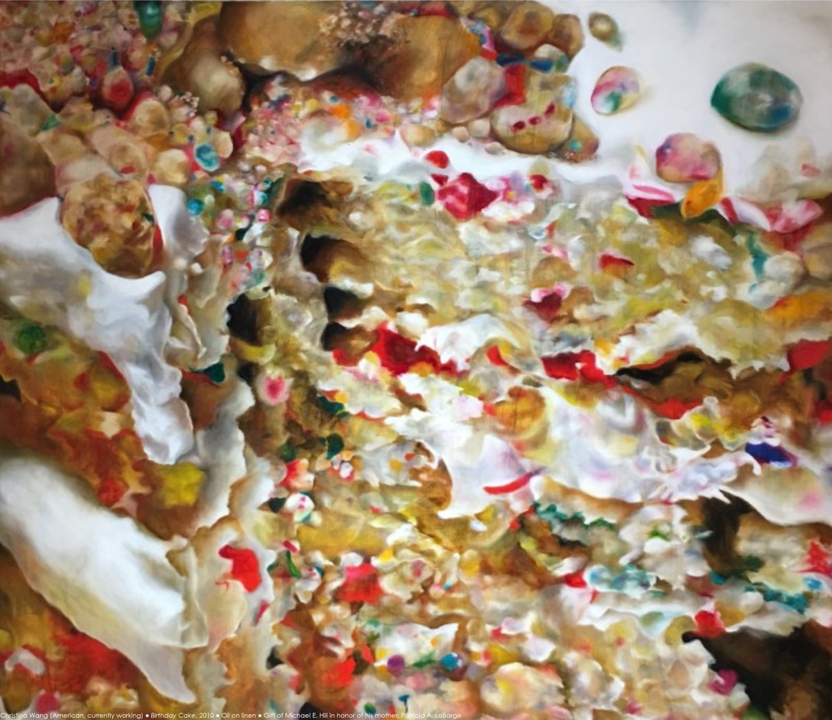 QuickArtsCenter's tweet photo. A gift to collection following the exhibition “Works by Christina Wang,” the artist’s first solo show, “Birthday Cake” highlights how things aren’t always what they appear as is the case with this close up, abstracted image of moldy cake. #MusCake #SBU #BONAS https://t.co/9AQJ93UPTa