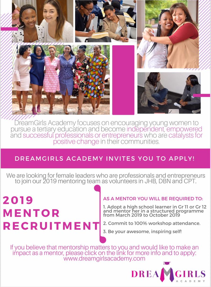 DreamGirlsAcad's tweet photo. Announcement 📢📢📢

Our 2019 mentor application process is open. We are recruiting women in Johannesburg, Durban and Cape Town.

Application deadline is 21 Jan 2019.

Application link: https://t.co/vTC77yoE1q https://t.co/comVTbr1UM