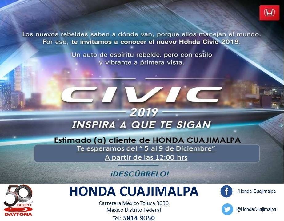 Hondacuajimalpa's tweet photo. ¡Inspira a que te sigan! Déjate llevar por el poderoso Civic 2019 y que tu alma rebelde se apodere del camino 😎

🚨 Asiste a #HONDACUAJIMALPA y vive la experiencia de ser uno de los primeros en manejarlo 🏁

📲 WhatsApp 553791 - 2396

#CIVIC2019 #INSPIRAAQUETESIGAN @HondaMexico https://t.co/DvteGCG41u