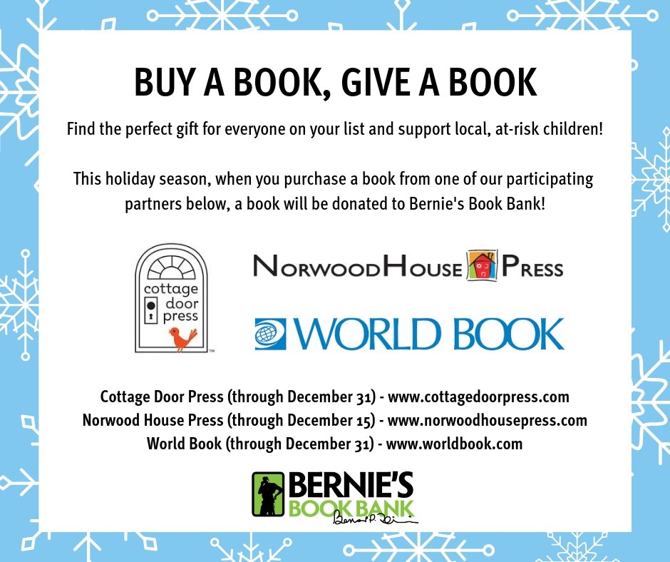 berniesbookbank's tweet photo. This season, shop with purpose. ๐๐ Many thanks to @CottageDoorPres, @NorwoodHousePr and @worldbookinc for generously donating books to support our mission! #BuyABookGiveABook #BookForBook #BooksForABetterLife https://t.co/TOlhcp2NfO