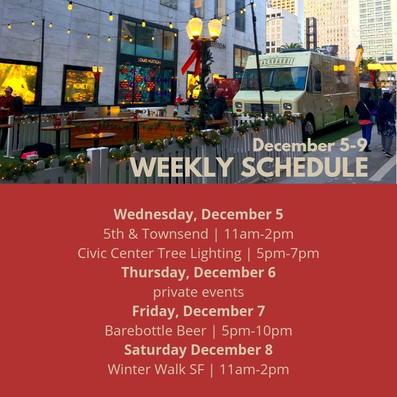 Weekly schedule alert! Headed to lunch at 5th &amp; Townsend today, tree lighting tonight at <a href="/CivicCenter/">CivicCenter</a>, Friday night at <a href="/barebottle/">Barebottle Brewing</a>, and <a href="/otgsf/">Off the Grid</a> #WinterWalkSF on Saturday. Join us for Apple Pay's promotion on Saturday and get 40% off - pretty great deal. See you ou there friends!